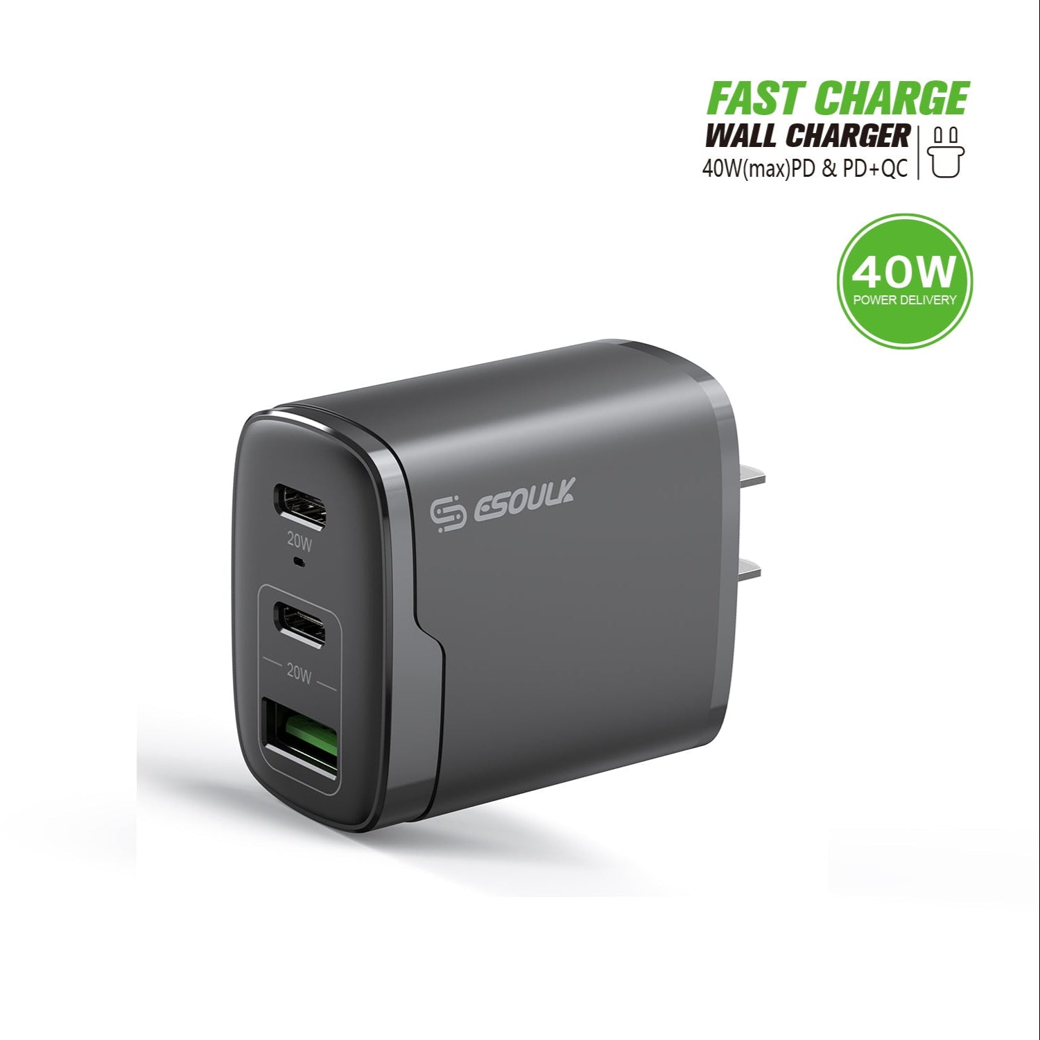 Chargeur mural rapide USB double type C PD+ Esoulk 40 W, noir  Chargeur mural rapide USB double type C PD+ Esoulk 40 W, noir
